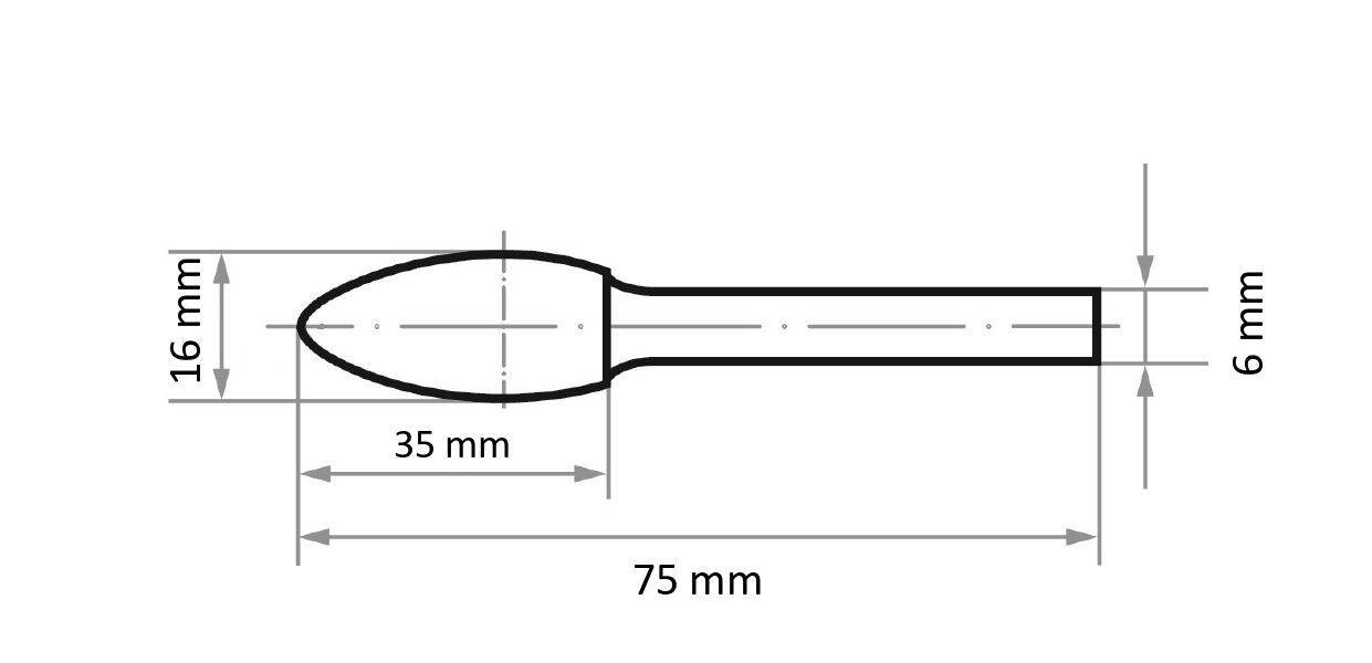 A technical drawing of a cylindrical object with a rounded head. Dimensions are marked: length 75 mm, head width 16 mm, neck width 6 mm.
