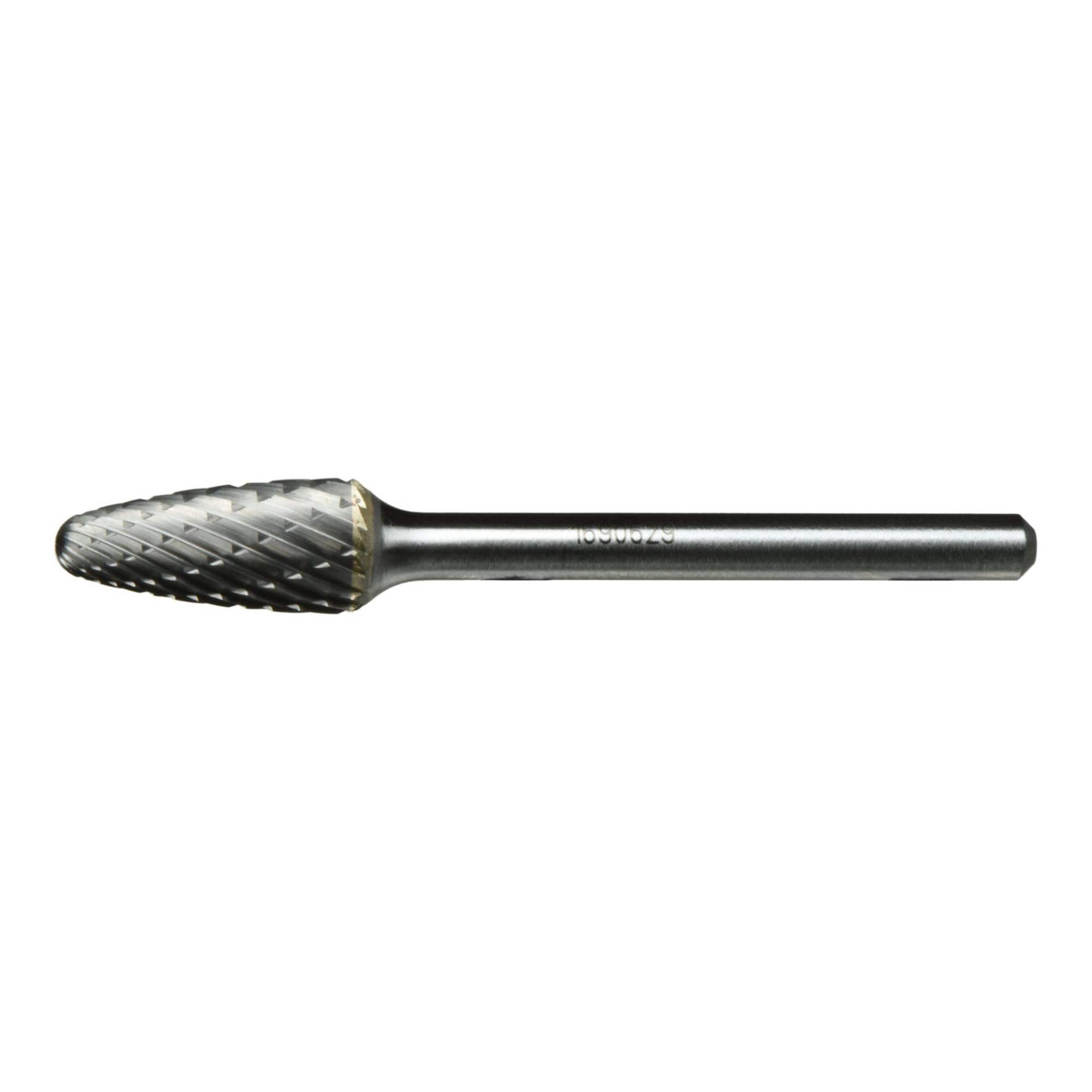 A cylindrical metal burr with a tapered, textured end for grinding or shaping materials.