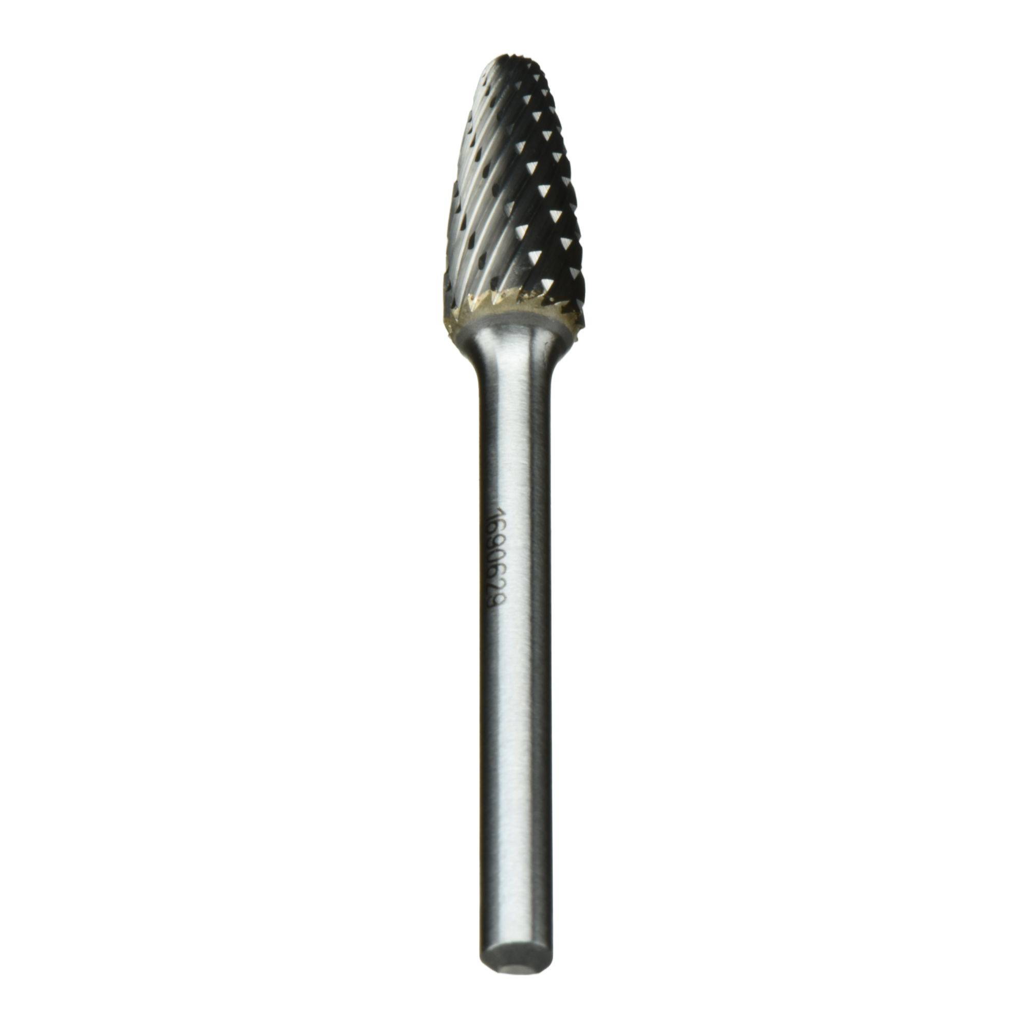 A cylindrical metal drill bit with a tapered, grooved cutting head designed for precision metalworking and shaping tasks.