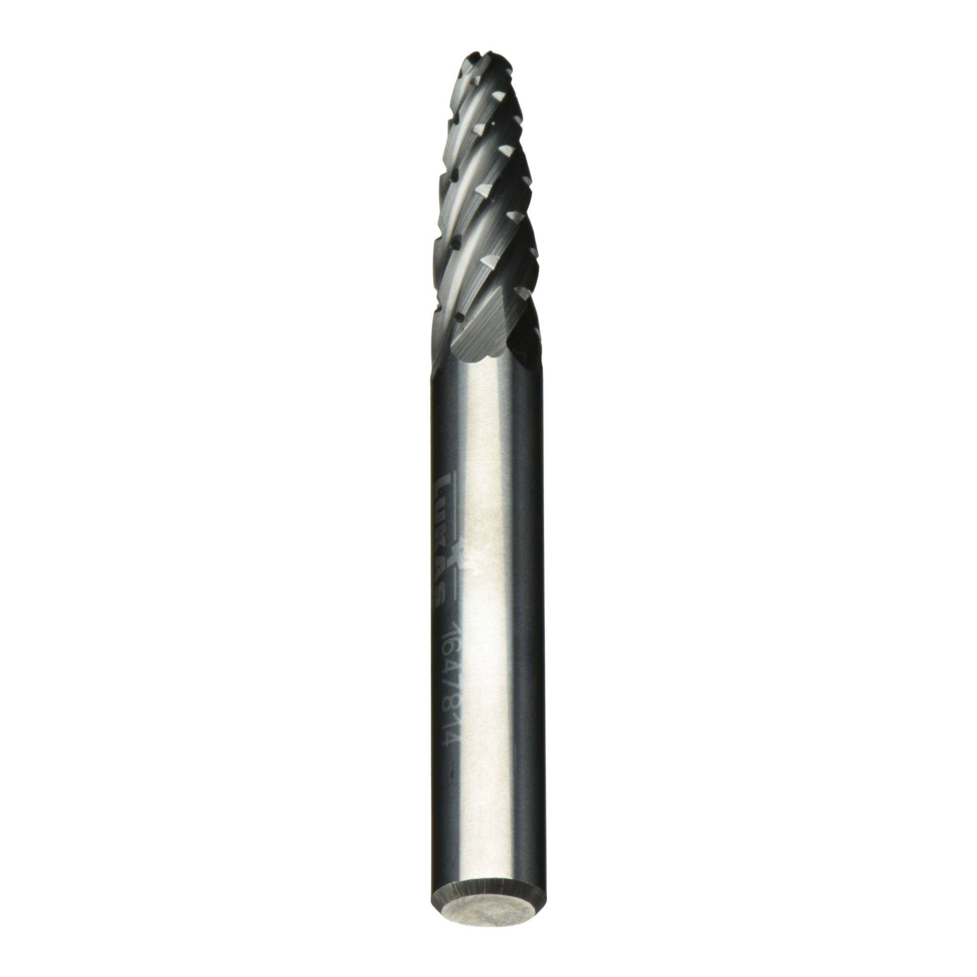 A cylindrical metal drill bit with spiral grooves, designed for cutting or shaping materials.