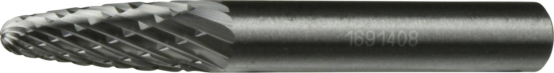 A cylindrical metal tool with a rounded, ridged, tapering end used for cutting or shaping hard materials.