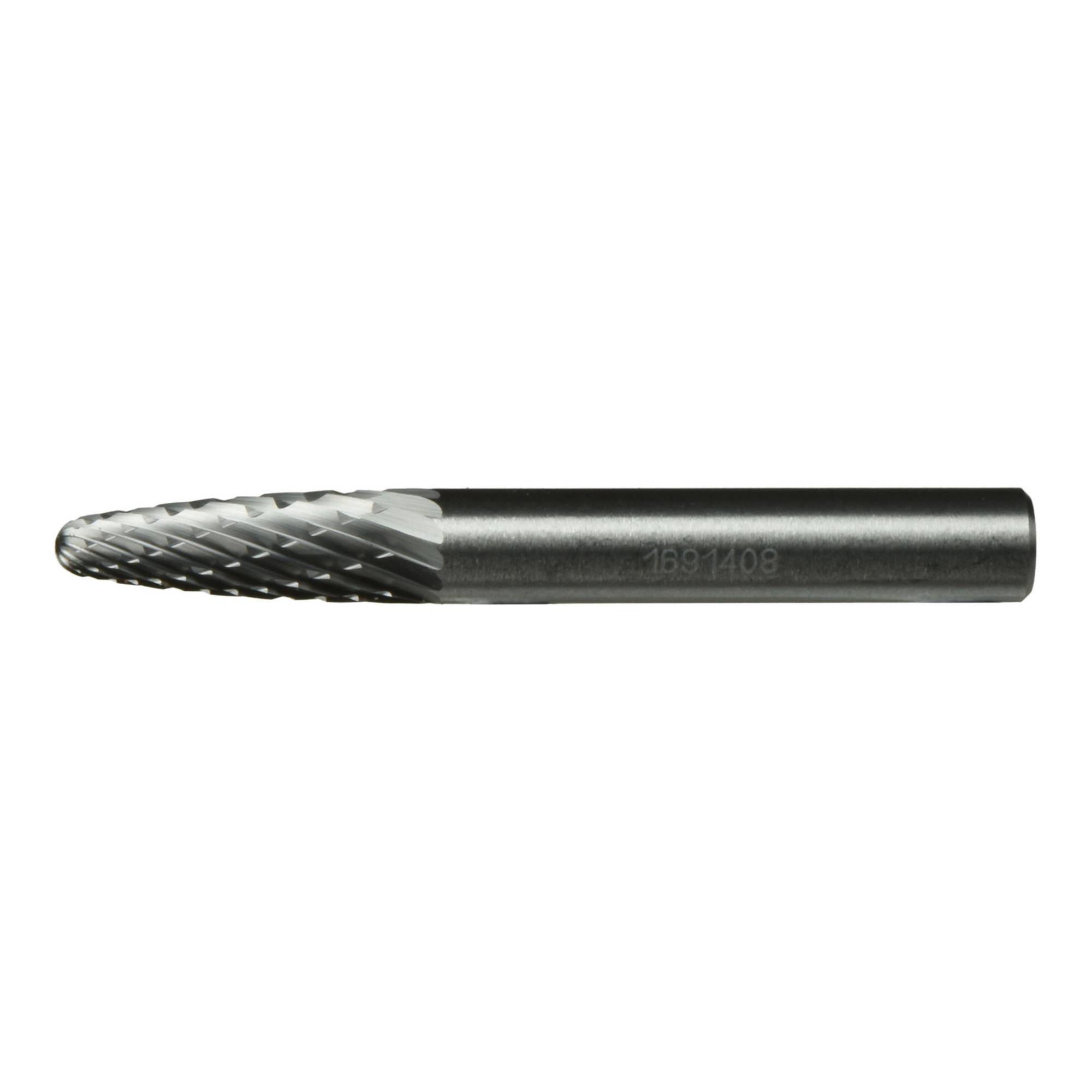 A cylindrical silver metal tool with a pointed, textured drill bit end for precision cutting or grinding in construction or metalwork.