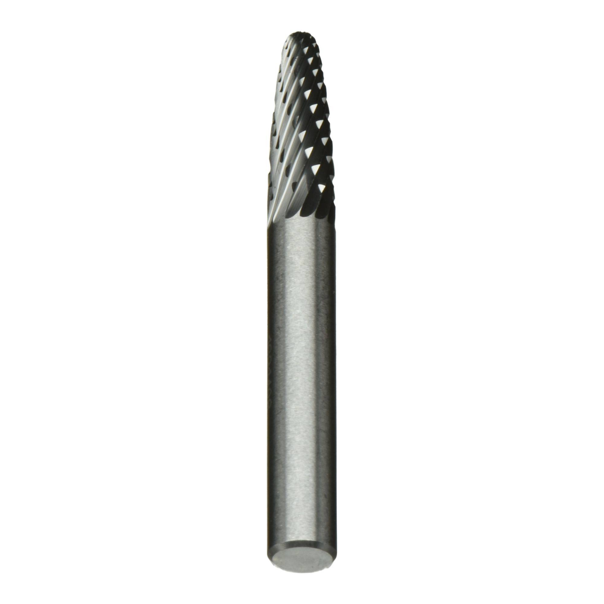 A close-up image of a cylindrical metal tool with a pointed, spiral-patterned tip, used for cutting or shaping hard materials.