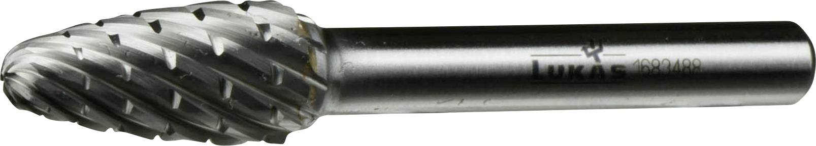 Metal rotary burr tool with a cylindrical shank and crosscut cutting head, used for grinding and shaping materials.