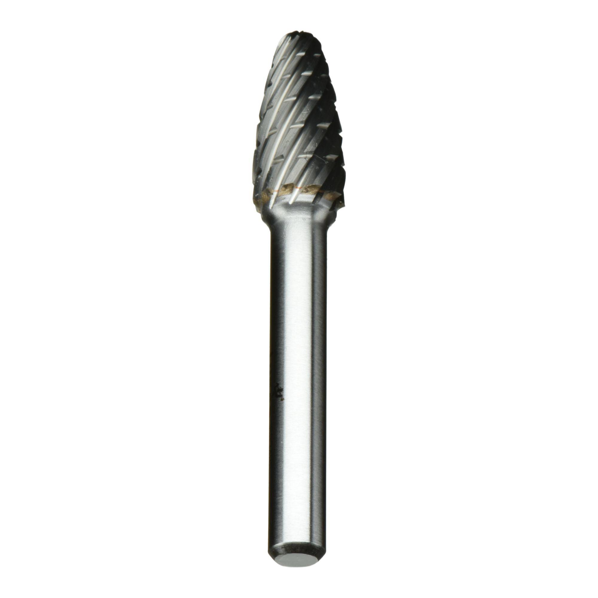 A metal rotary burr tool with a cylindrical shank and a conical, serrated cutting head, designed for shaping or cutting materials.