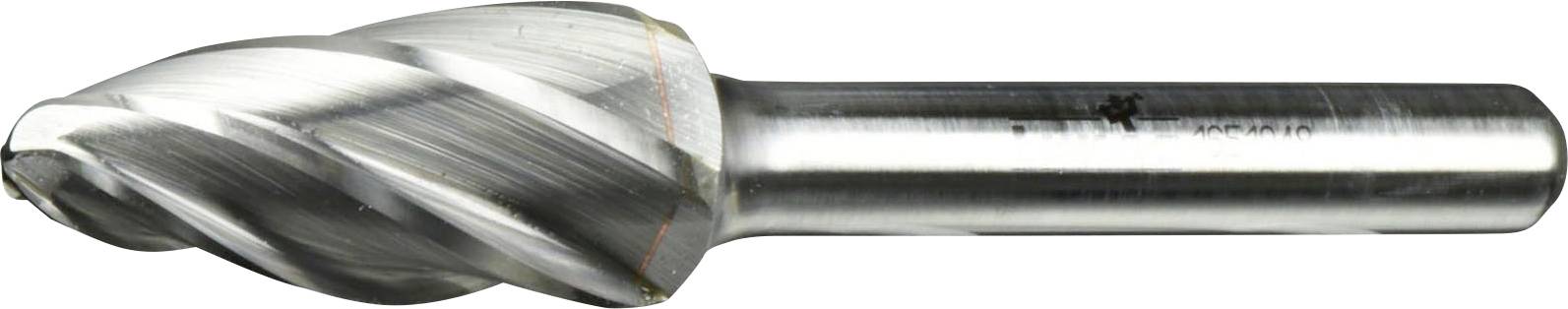 A close-up of a silver cutting tool with a spiral design, used for metalworking or machining tasks, shown against a plain background.