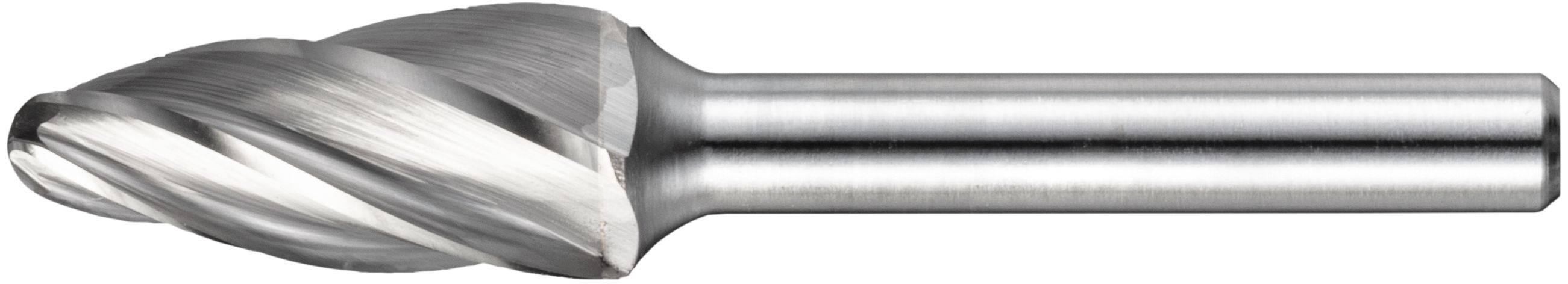 A metallic rotary burr with a spiral flute design, used for shaping or smoothing metal surfaces in machining processes.