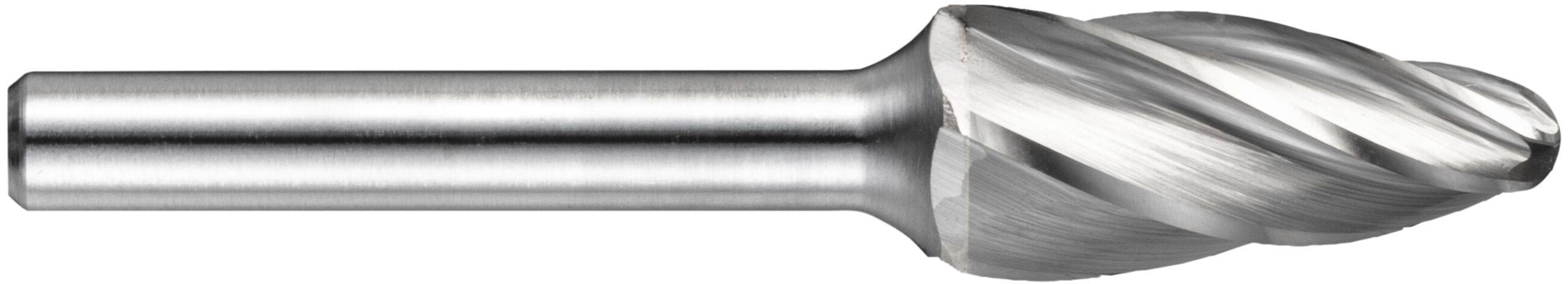 A silver rotary file with a spiral cutting head, used for shaping and smoothing materials in metalworking and woodworking.