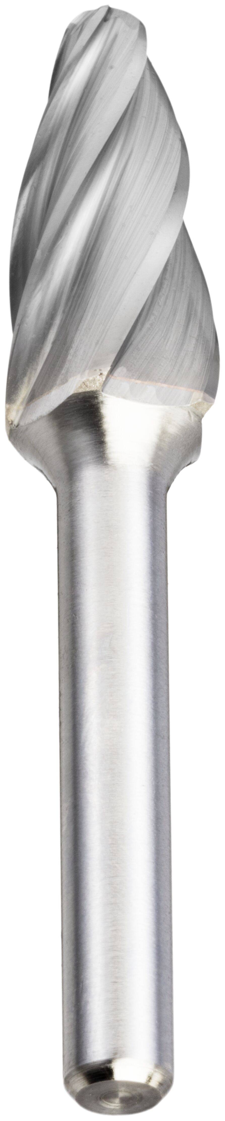 A metallic rotary burr tool with a spiraled head design, used for shaping, smoothing, or cutting materials in industrial applications.