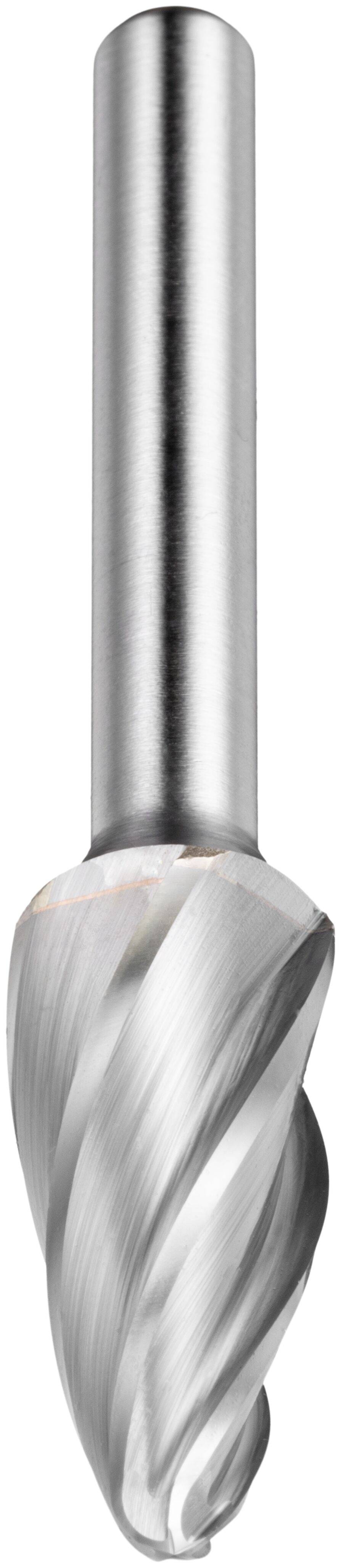 A silver tungsten carbide burr with a spiral flute design, used for cutting, shaping, and grinding materials in machining applications.