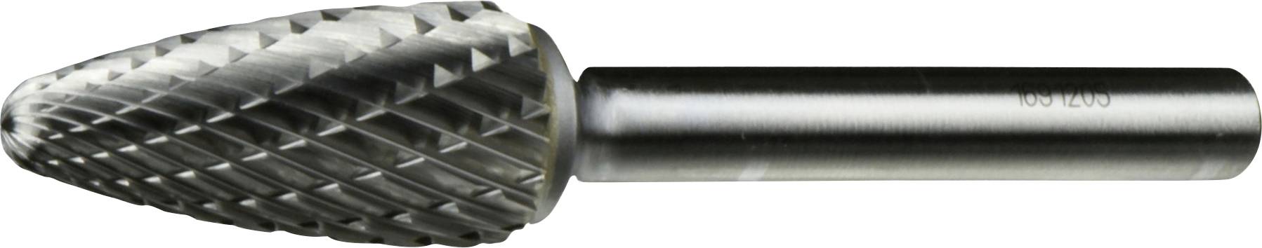 A cylindrical carbide burr with a tapered, textured cutting head designed for shaping and cutting metal surfaces.