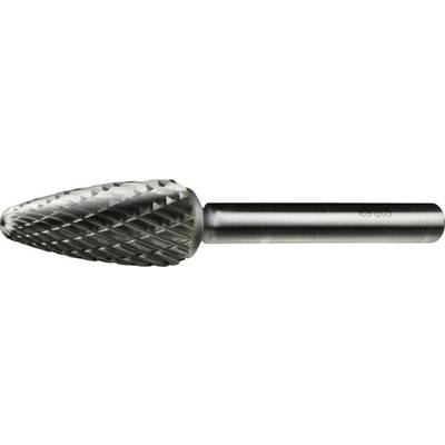 A cylindrical carbide burr with a tapered, textured cutting head designed for shaping and cutting metal surfaces.