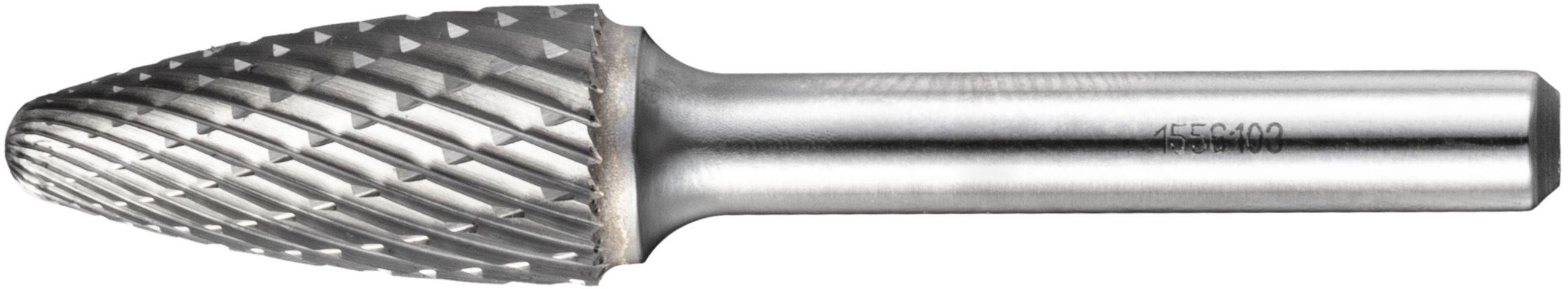 A carbide burr tool with a rounded, textured head for grinding or shaping materials like metal and wood.