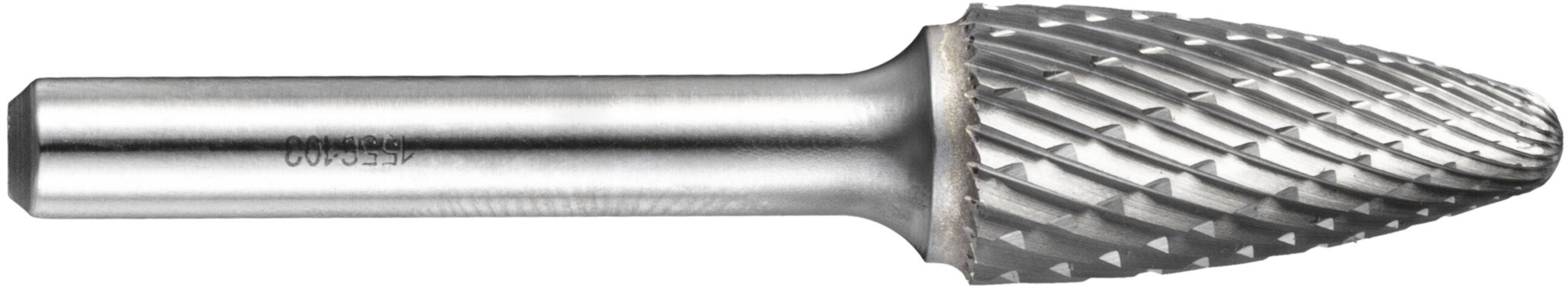 A metal rotary burr with a tapered, conical head and textured surface, designed for precision carving or cutting in various materials.