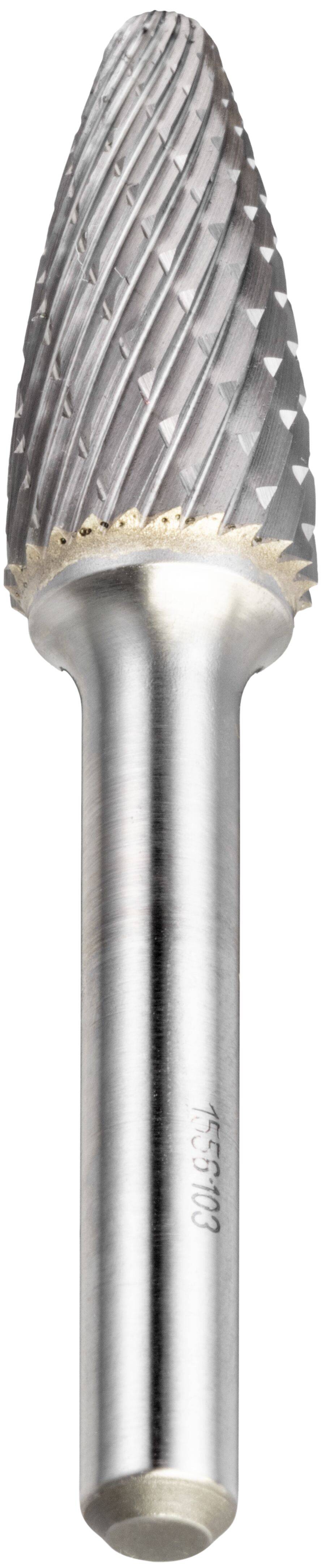 Metal burr tool with a cylindrical handle and conical, textured cutting head, used for grinding, shaping, and removing material.