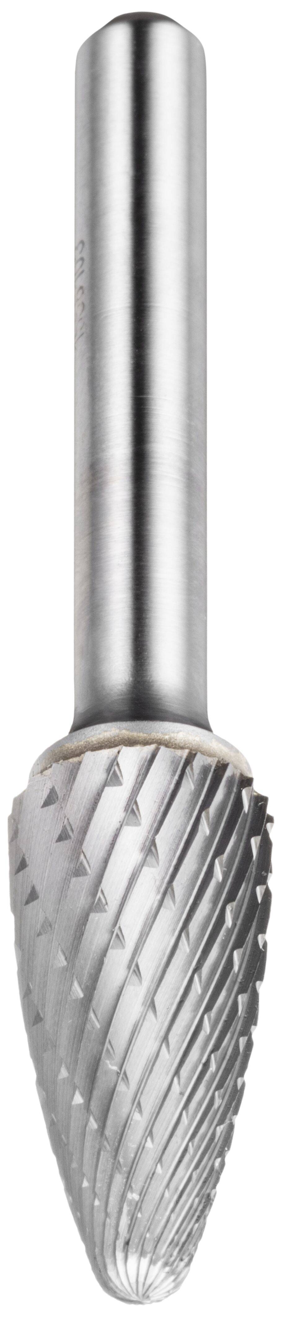 A metal rotary burr with a pointed tip and spiral flutes, designed for precise cutting, shaping, or grinding of materials like metal or wood.