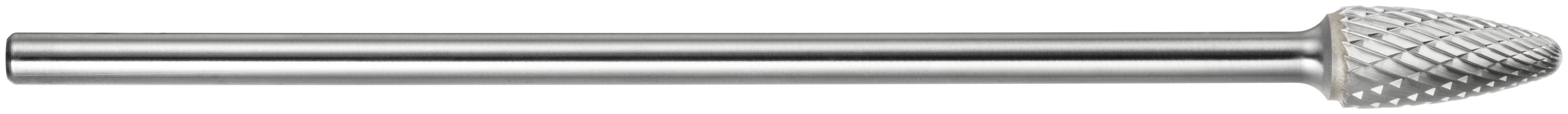 A metallic, cone-shaped rotary burr with cylindrical shank used in woodworking or metalworking for cutting and shaping materials.