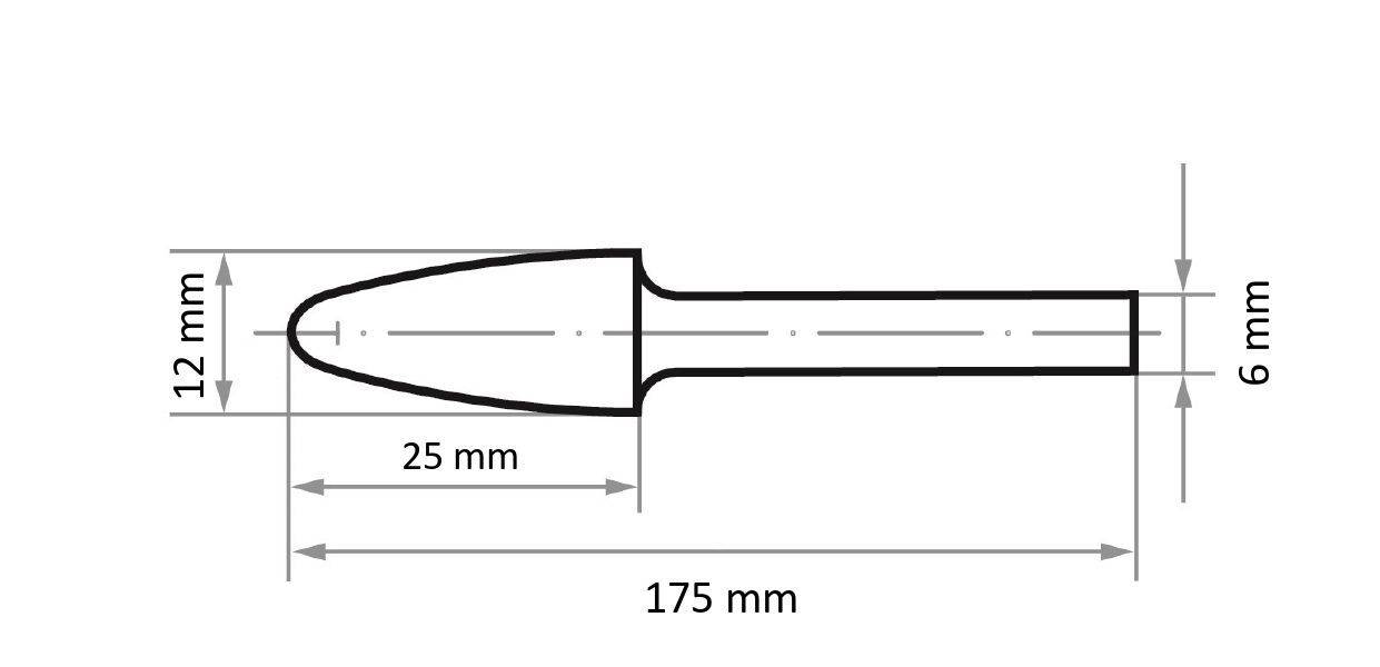 Technical drawing of an object with dimensions: 175 mm length, 25 mm head length, 12 mm head width, 6 mm tail width.