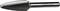 A metal rotary burr tool with a conical shape and spiraled grooved surface, used for cutting or polishing materials.