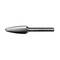 Silver rotary burr tool with a tapered, ridged head and smooth cylindrical handle, used for shaping materials.