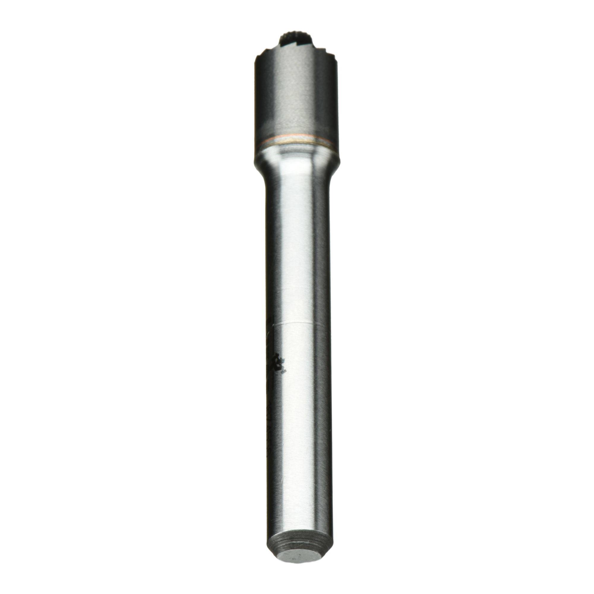 A silver-colored metal drill bit, cylindrical in shape with a flat tip and slightly wider upper section, designed for precision drilling tasks.
