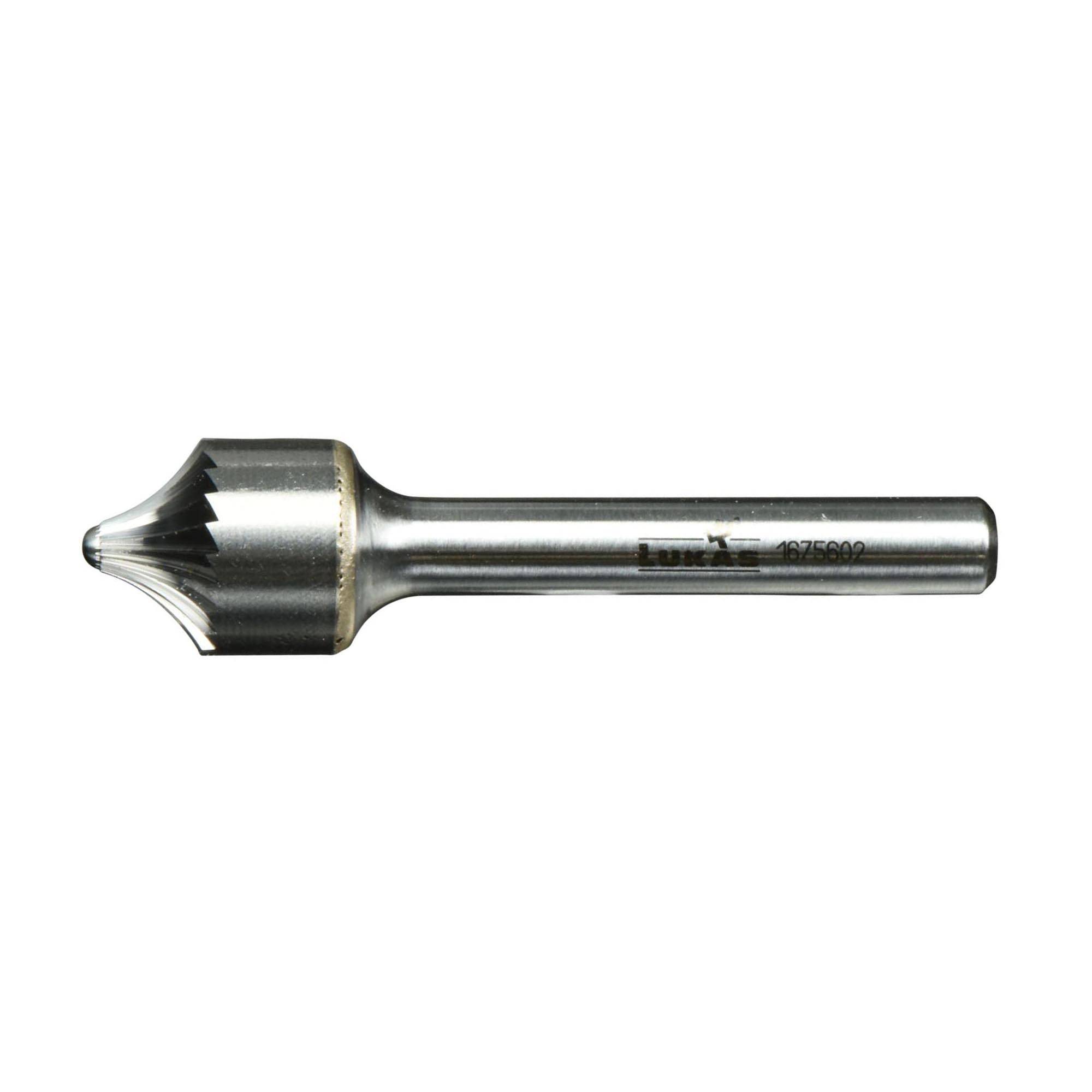 A metal countersink drill bit with a tapered conical cutting head and a smooth shank, used for creating beveled openings in materials.
