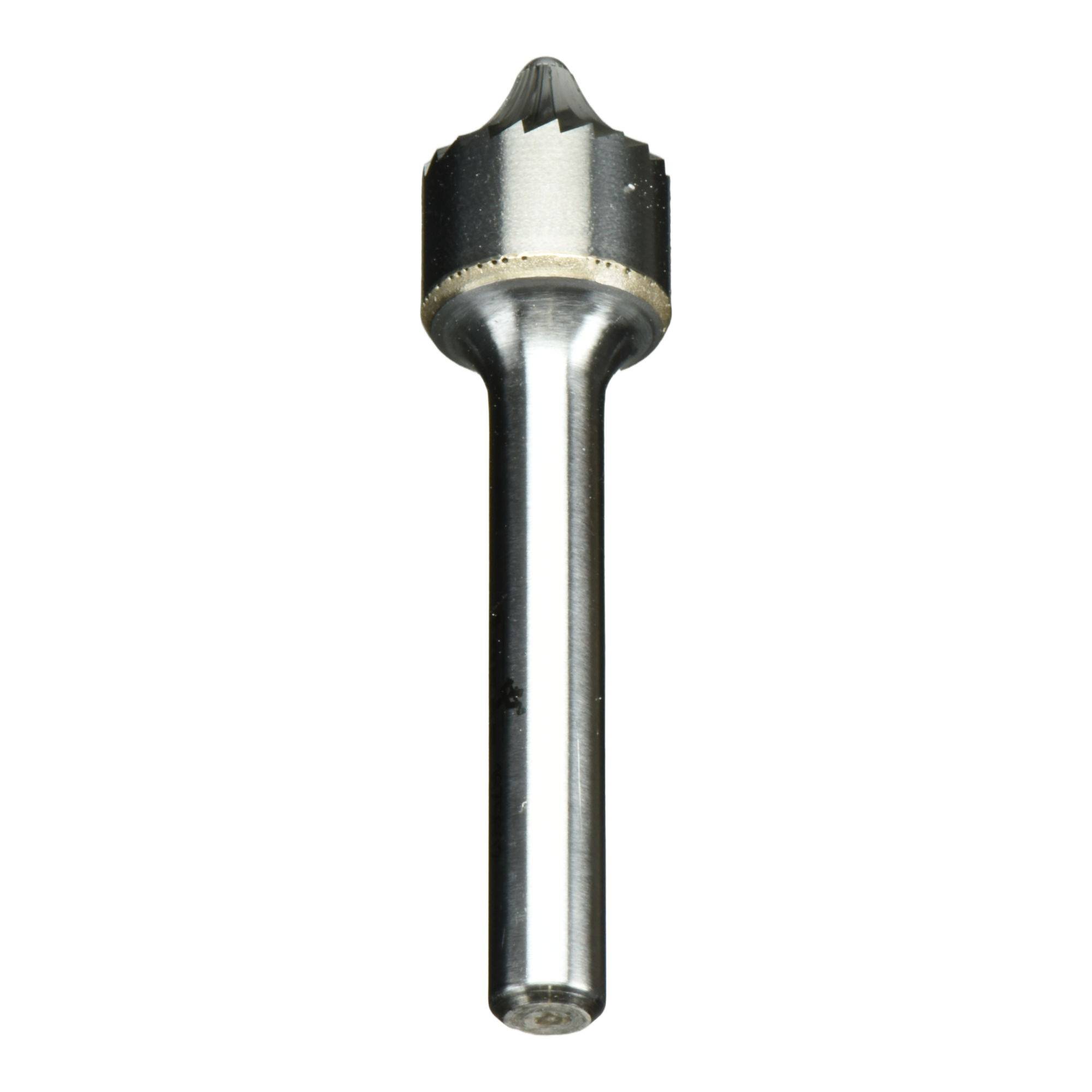 A silver metal drill bit with a rounded, toothed end, designed for wood carving or engraving.