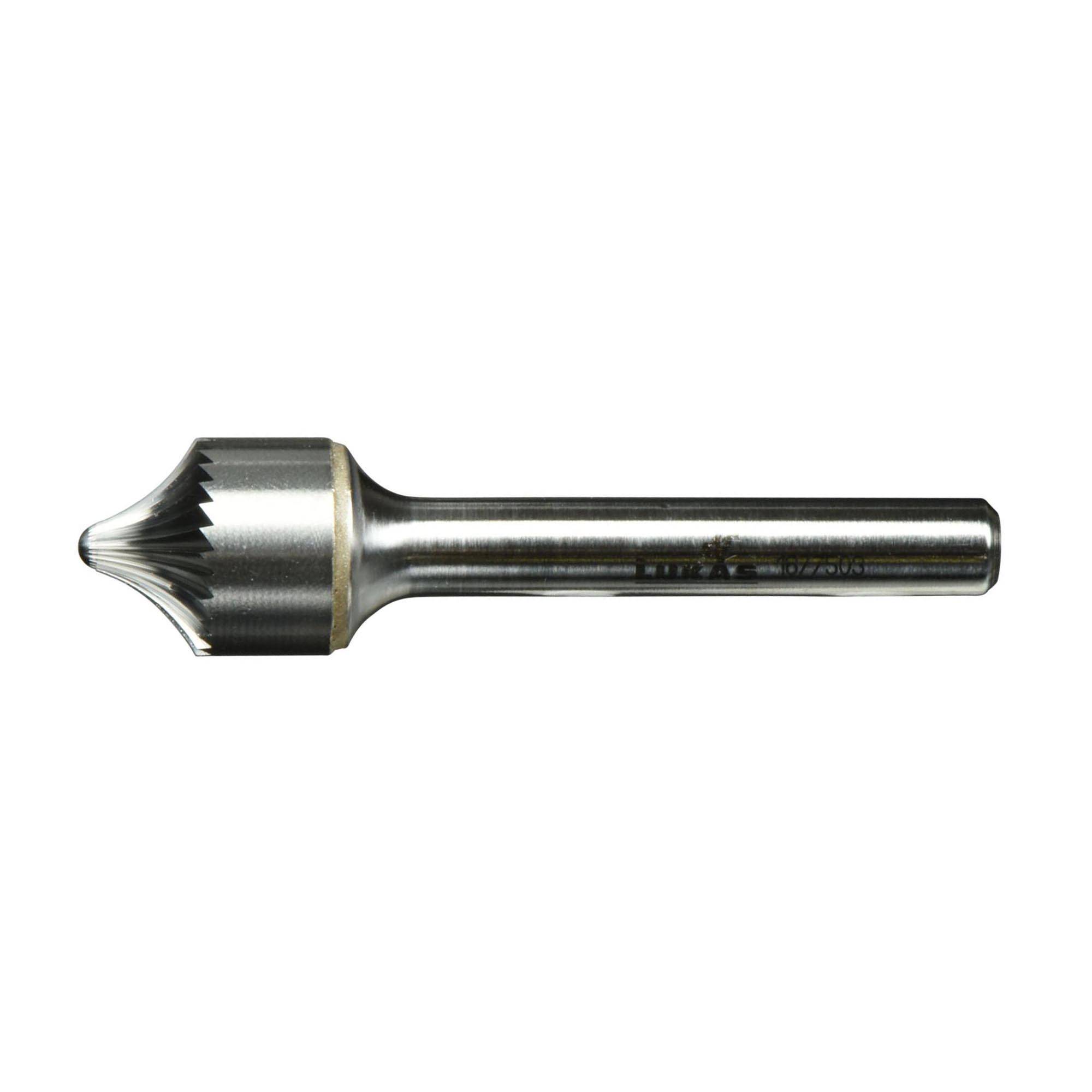 A silver, cylindrical metal tool with a sharp, pointed end and spiral grooves, typically used for cutting or drilling materials.