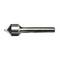 A silver, cylindrical metal tool with a sharp, pointed end and spiral grooves, typically used for cutting or drilling materials.