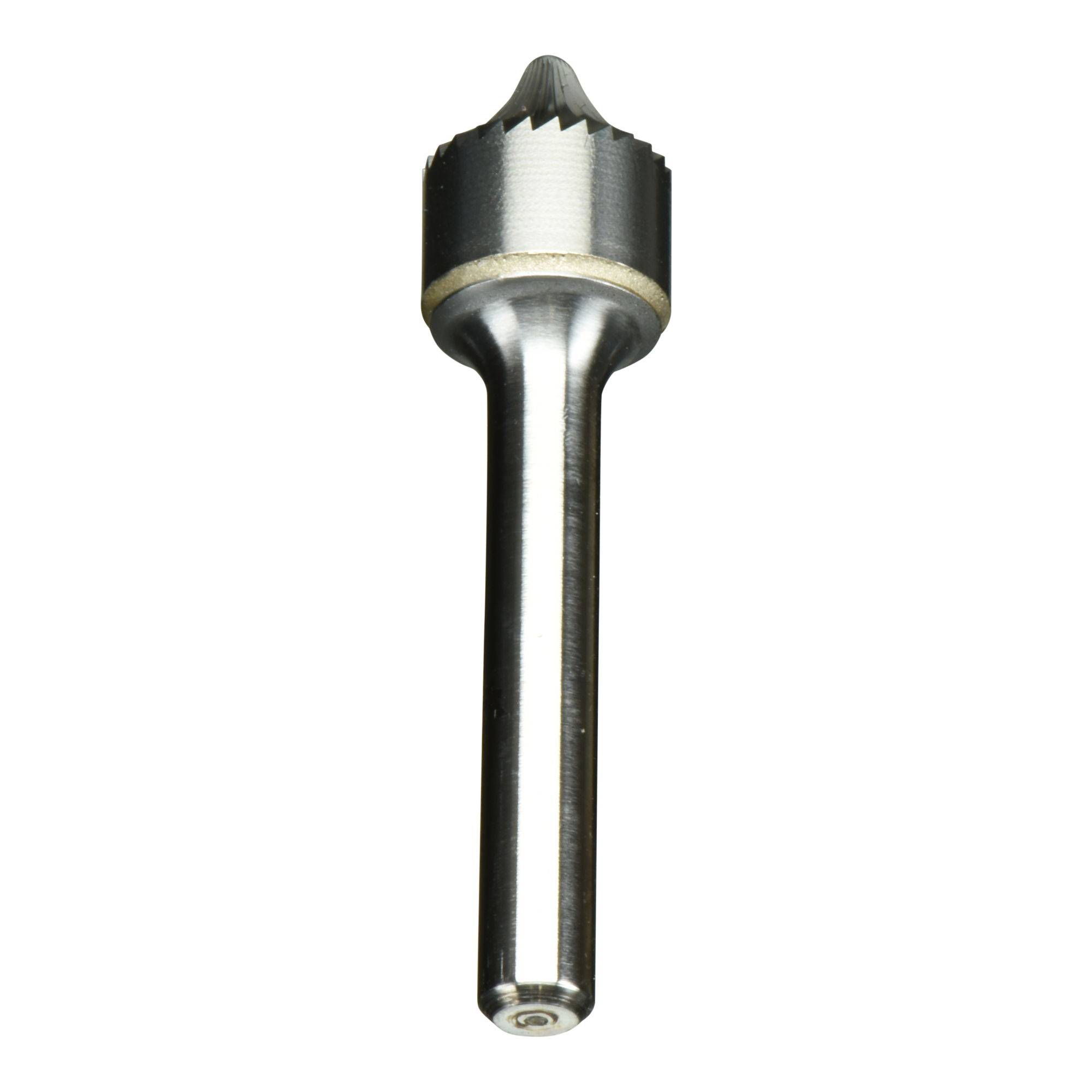 A silver metal cutting tool with a pointed, toothed edge, used for drilling or engraving, on a white background.