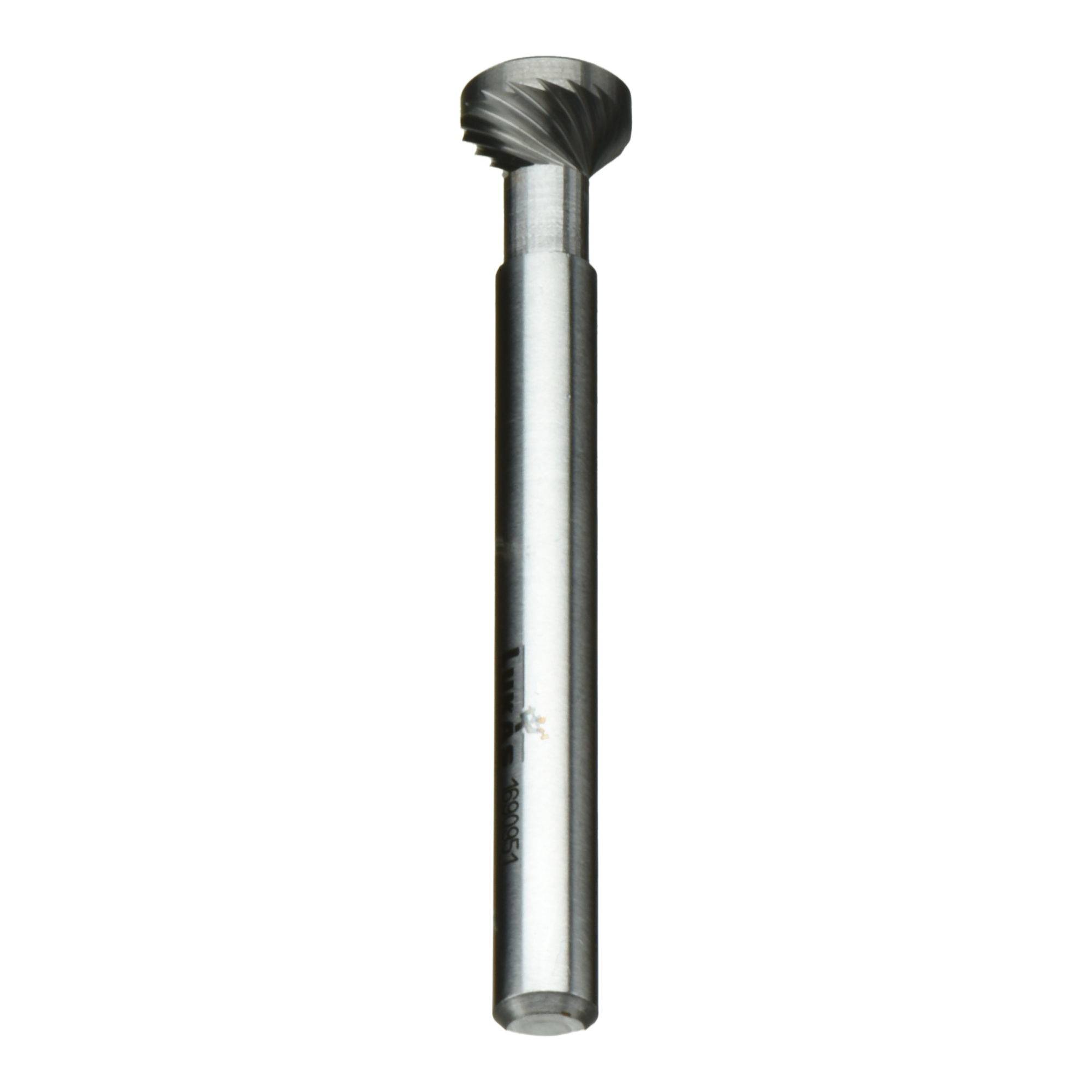 A silver rotary tool bit with a serrated, round cutting head, designed for precision crafting or fine detail work.