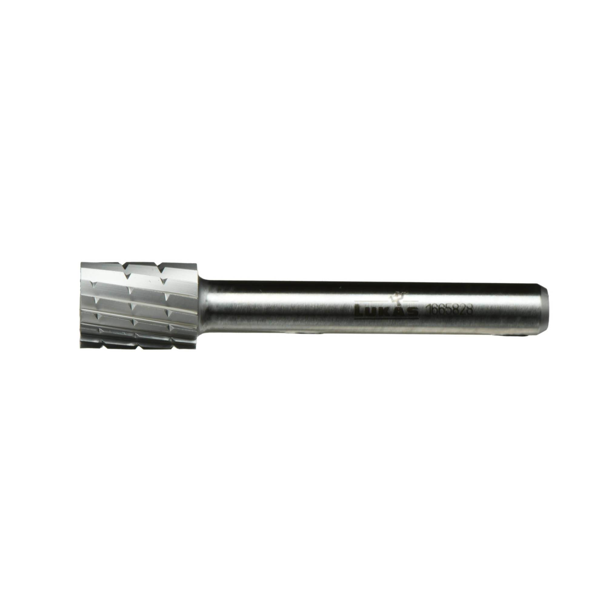 A cylindrical metal tool with a ridged cutting head, used for shaping or smoothing metal, wood, or plastic surfaces.