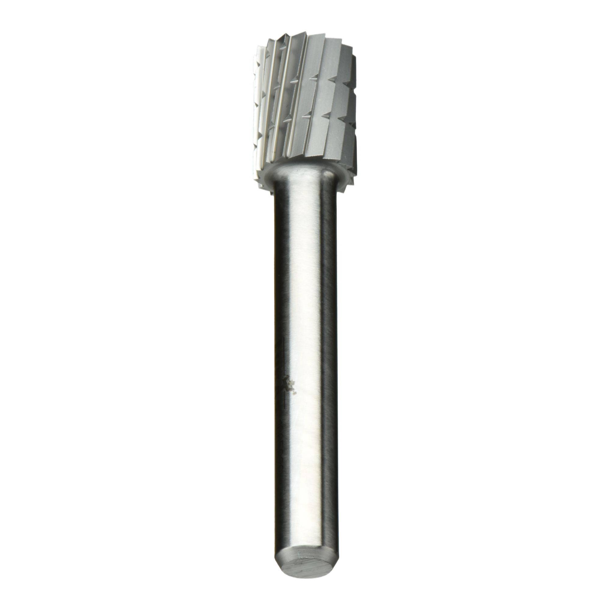 A cylindrical metal cutting tool with a serrated head used for precision shaping and smoothing materials.