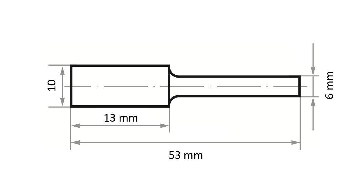 Technical drawing of a cylindrical object with a larger end measuring 10 mm in diameter and 13 mm in length, and a narrower end 6 mm in diameter. Total length is 53 mm.