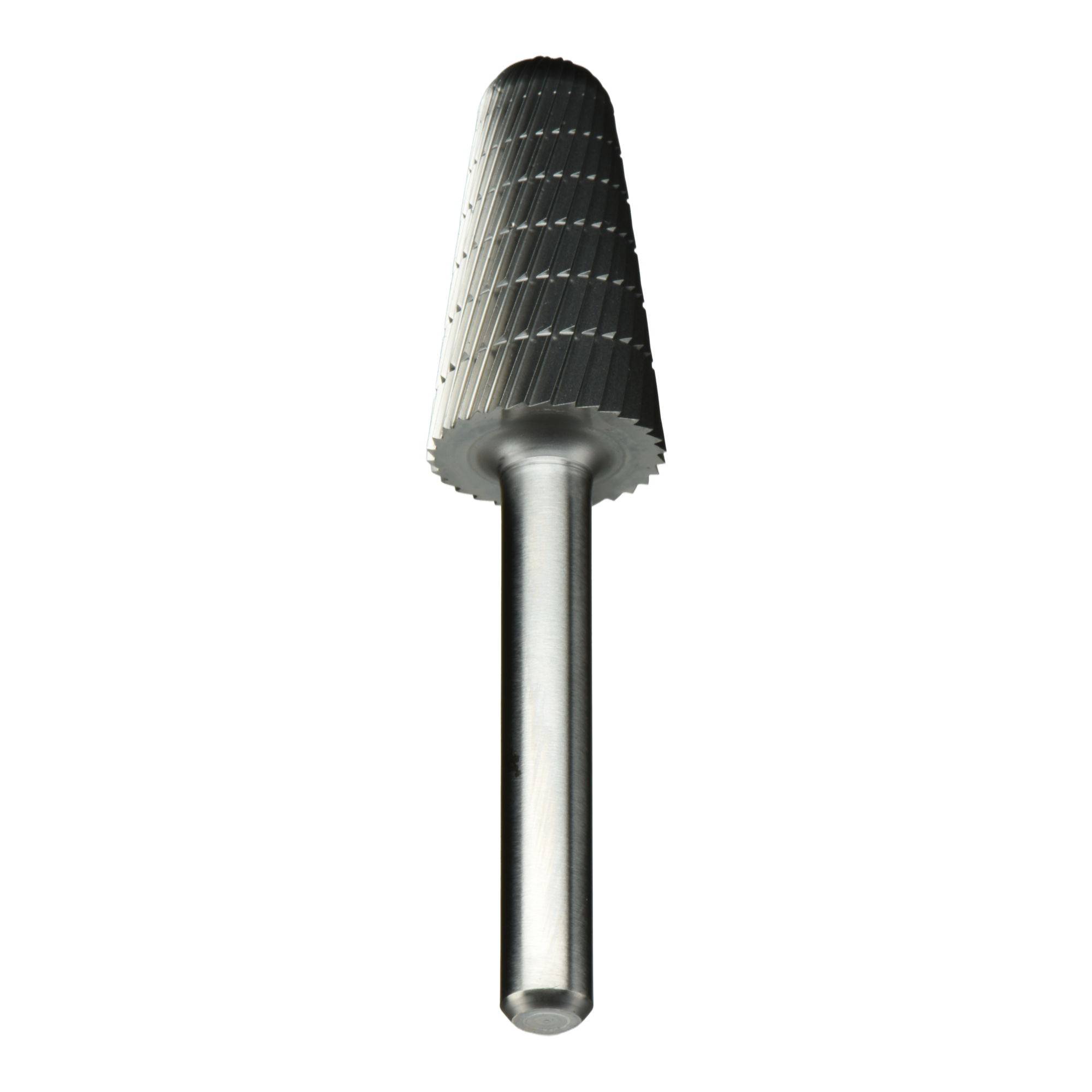 A silver, conical-shaped rotary burr with a grooved surface and smooth shaft, used for metal or woodworking in precision tasks.