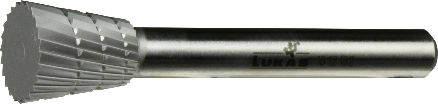 A cylindrical metal tool with a textured cutting head designed for grinding or shaping materials, featuring a 'LUKAS' logo on the side.