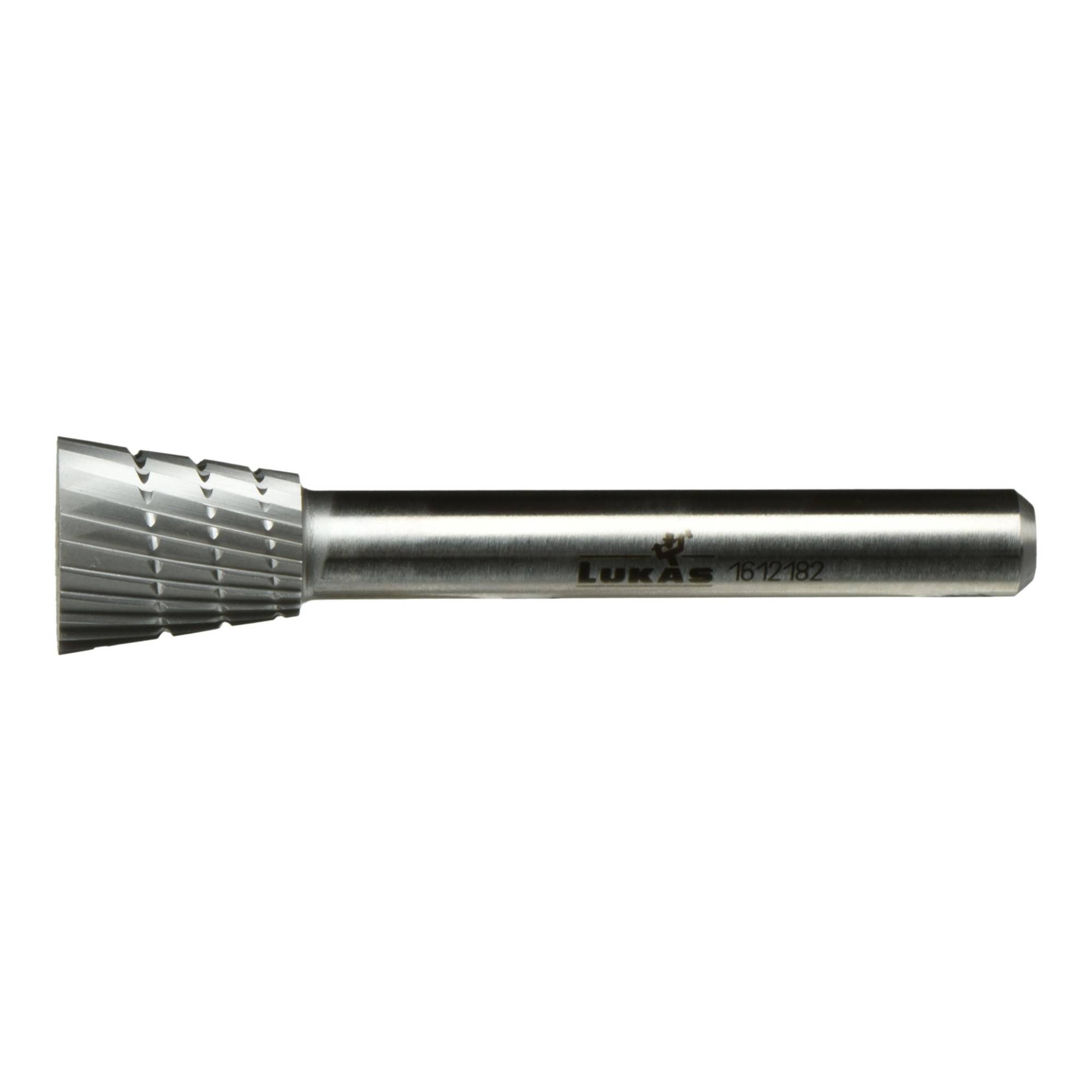 'A cylindrical metal tool with a toothed, tapered cutting head used for machining purposes, labeled Lukas 6126 on its shaft.'
