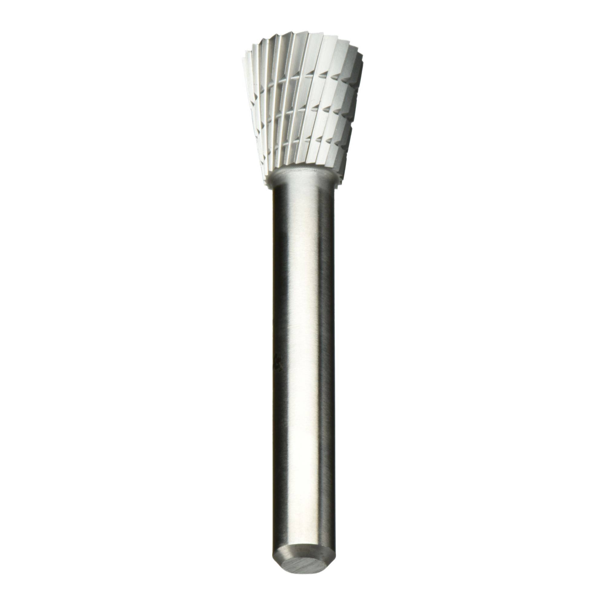A cylindrical metal tool with a textured, tapered top, used for cutting or shaping materials.