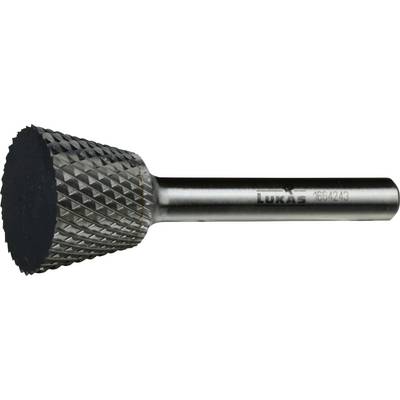 A cylindrical metal cutting tool with a textured, conical head and 'Lukas' engraved on the shaft, designed for grinding and shaping surfaces.