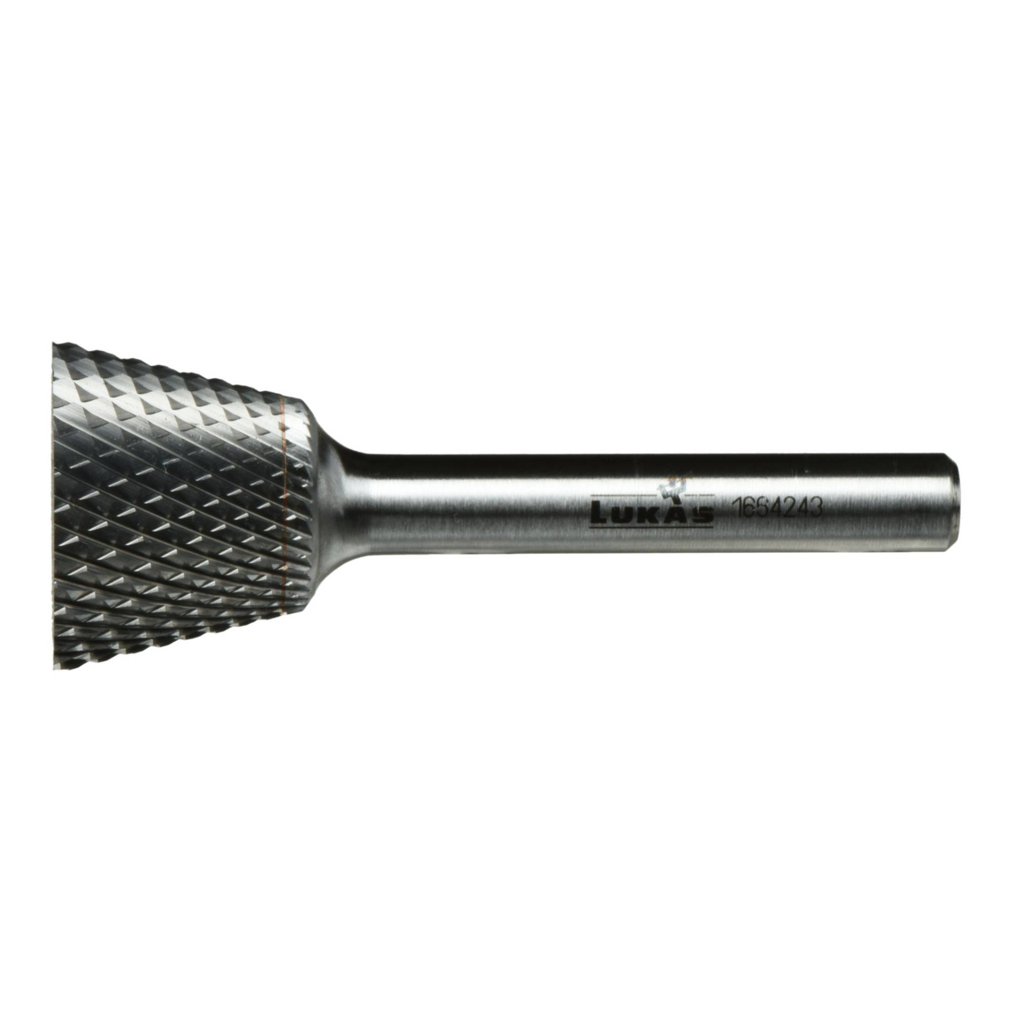 A cylindrical metal rotary file with a textured conical head and smooth shank, used for precision cutting or shaping tasks.