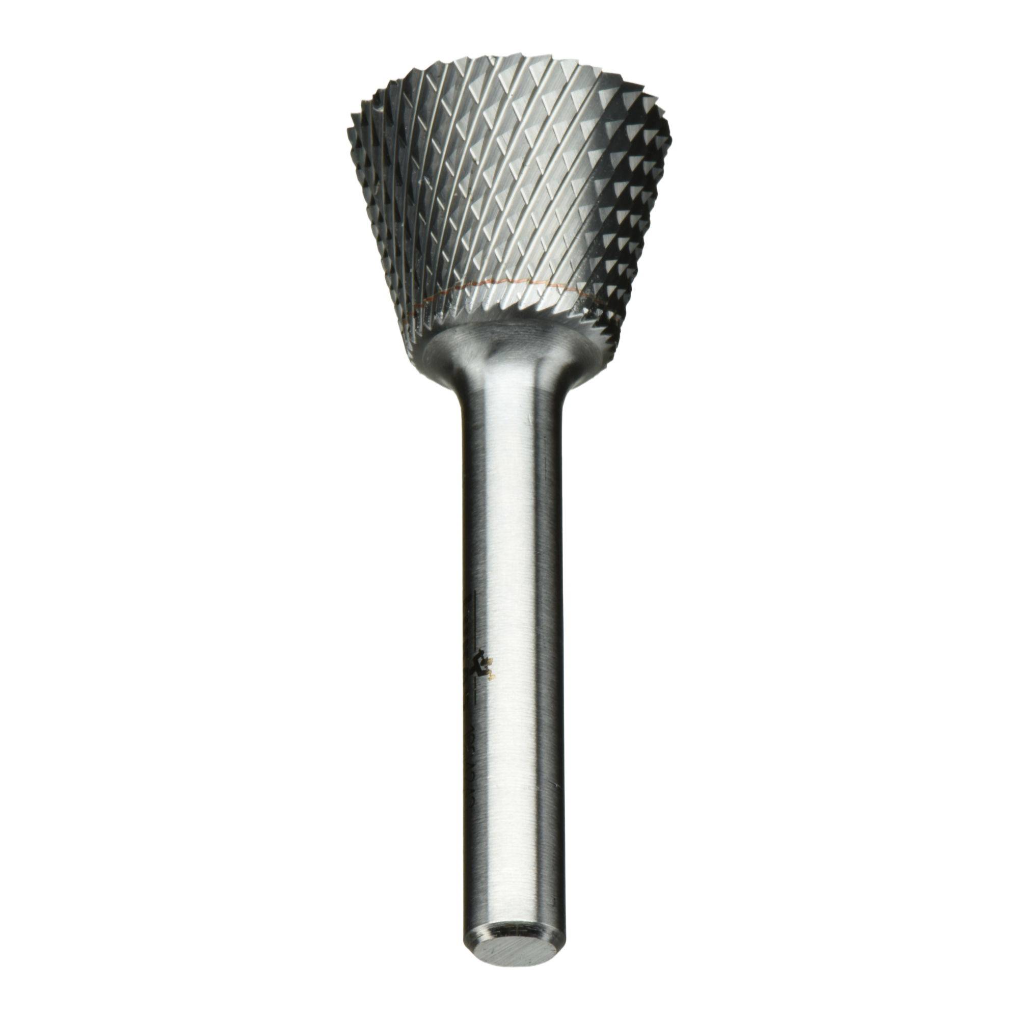A metal rotary burr tool with a conical shape and textured cutting surface, used for shaping or cutting materials like wood or metal.
