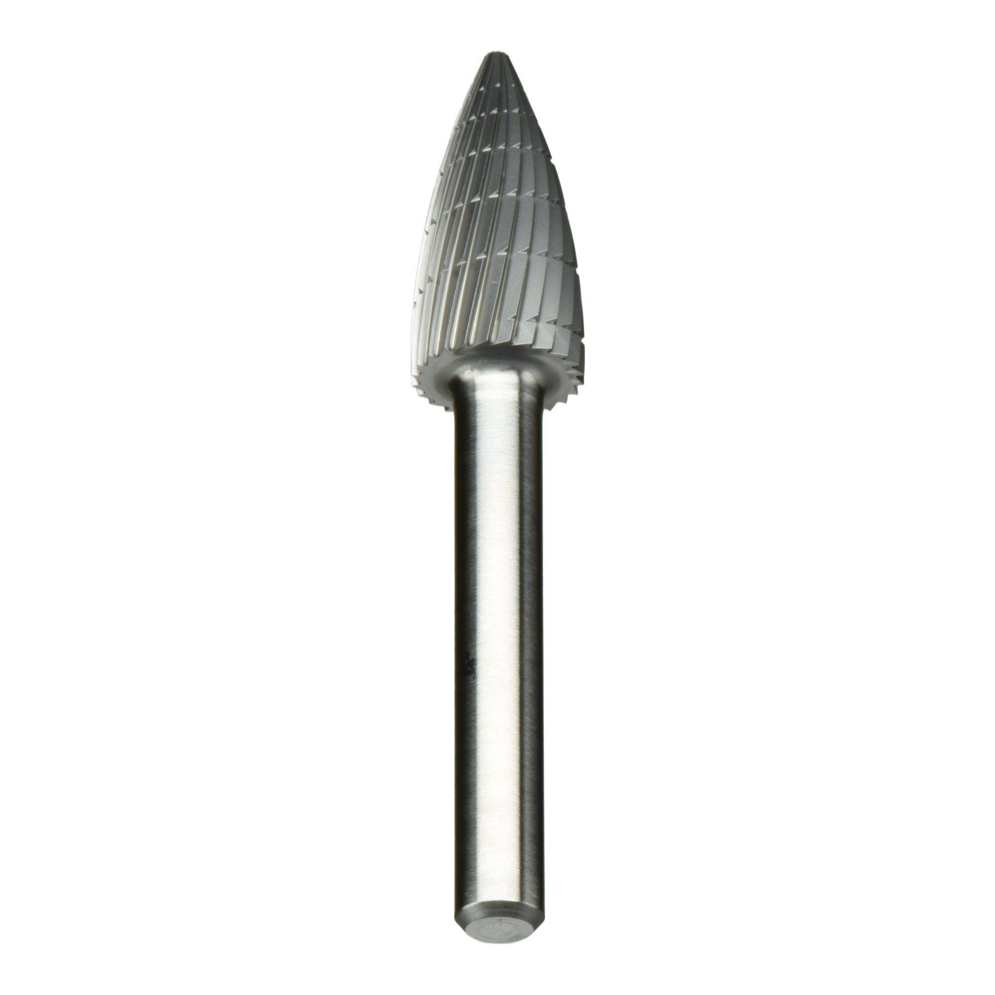 A silver rotary burr tool with a tapered, ridged cutting head designed for shaping and smoothing materials like metal or wood.