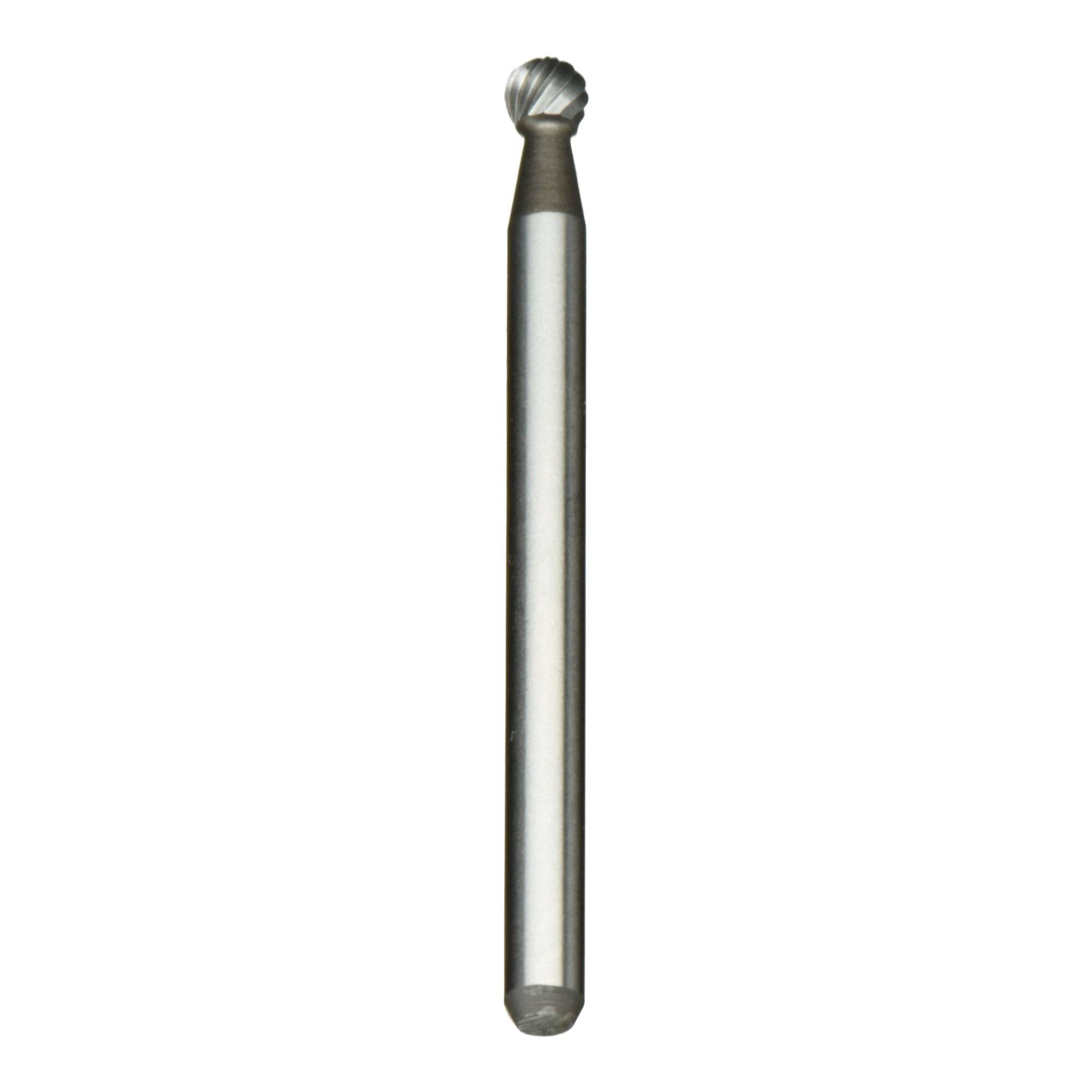'A silver metal rotary tool bit with a round, textured cutting head and a smooth, cylindrical shaft, used for shaping or carving materials.'