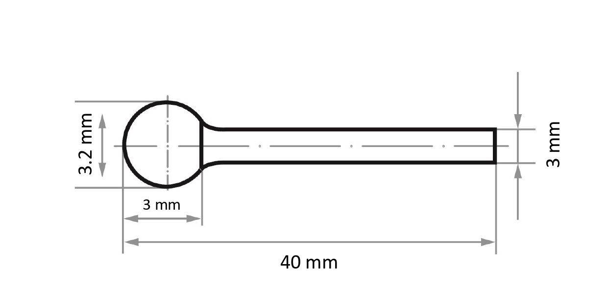 A technical drawing of a cylindrical pin with a circular head; dimensions: head 3.2 mm, length 40 mm, diameter 3 mm; 3 mm neck length.