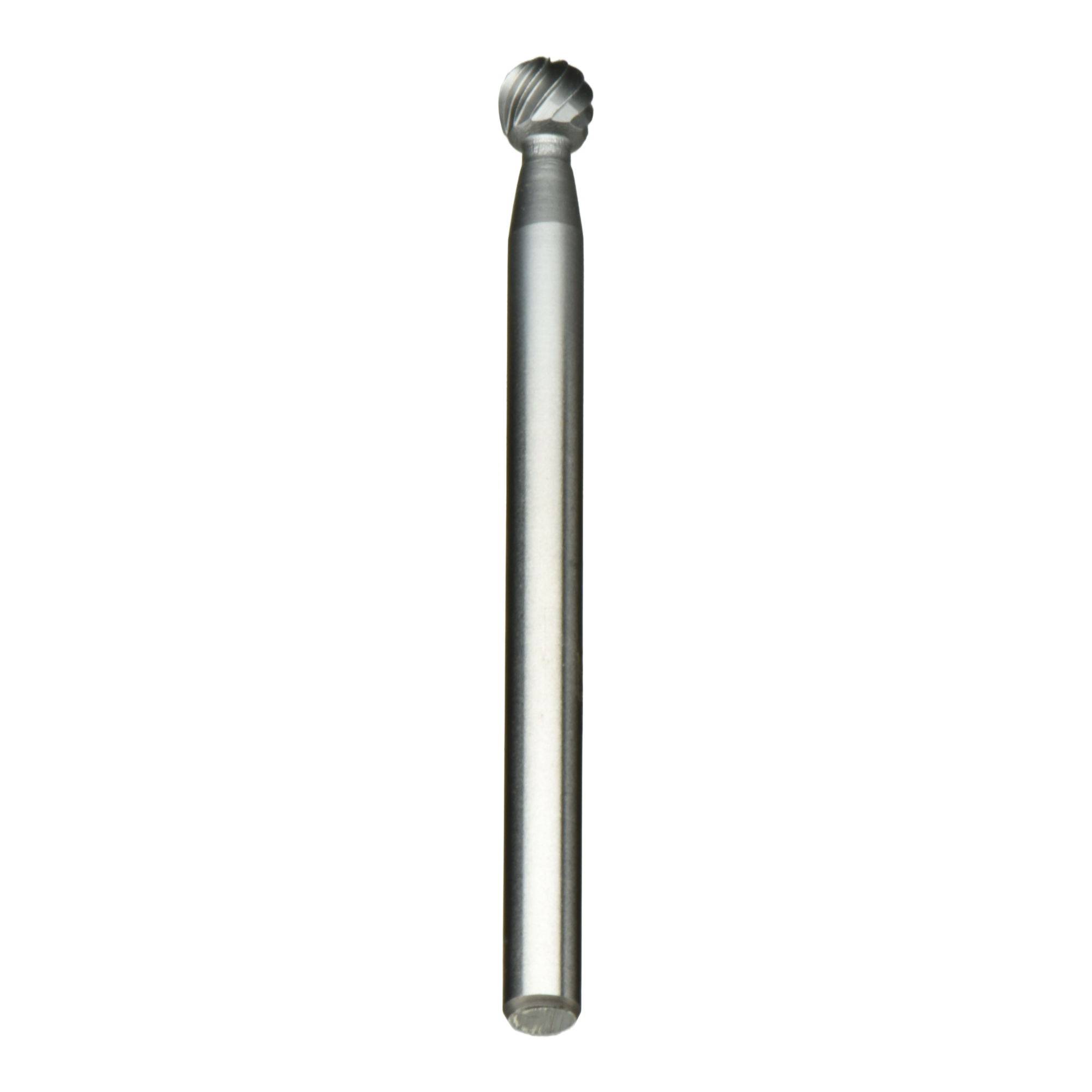 A metal rotary burr with a spherical tip and fluted edges, used for shaping or cutting in various materials.