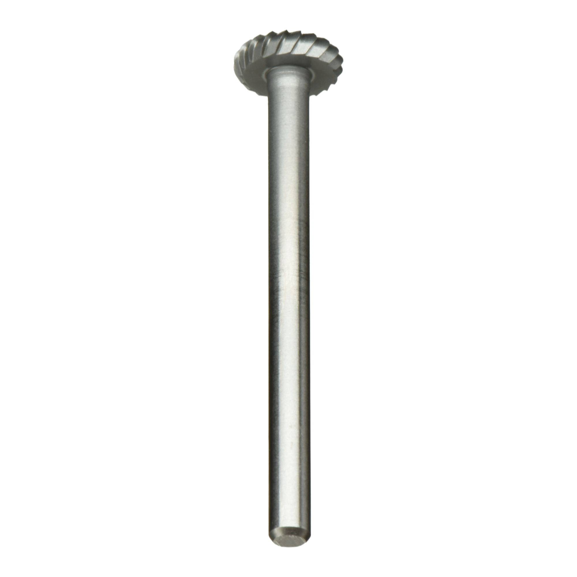 A close-up of a metal screw with a flat circular head and grooved sides, designed for fastening materials together.