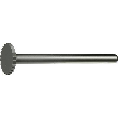 A metallic gear-like cutting tool with a toothed circular blade attached to a long cylindrical shaft, used for precision cutting or shaping.