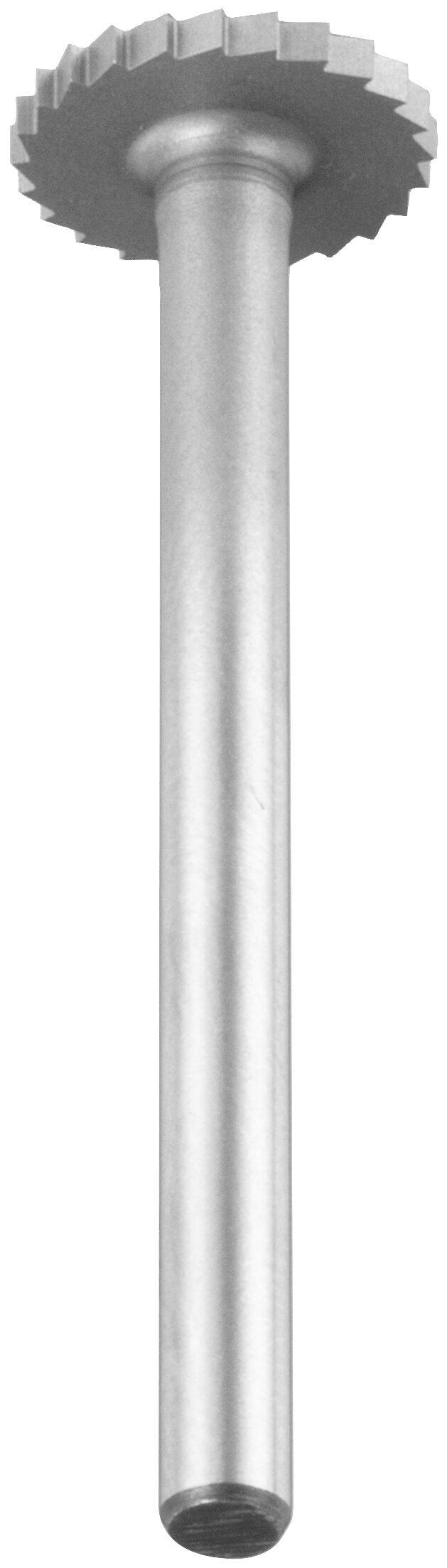 'A silver rotary cutting tool with a long shaft and a circular, serrated edge at one end, typically used for precision cutting and shaping.'