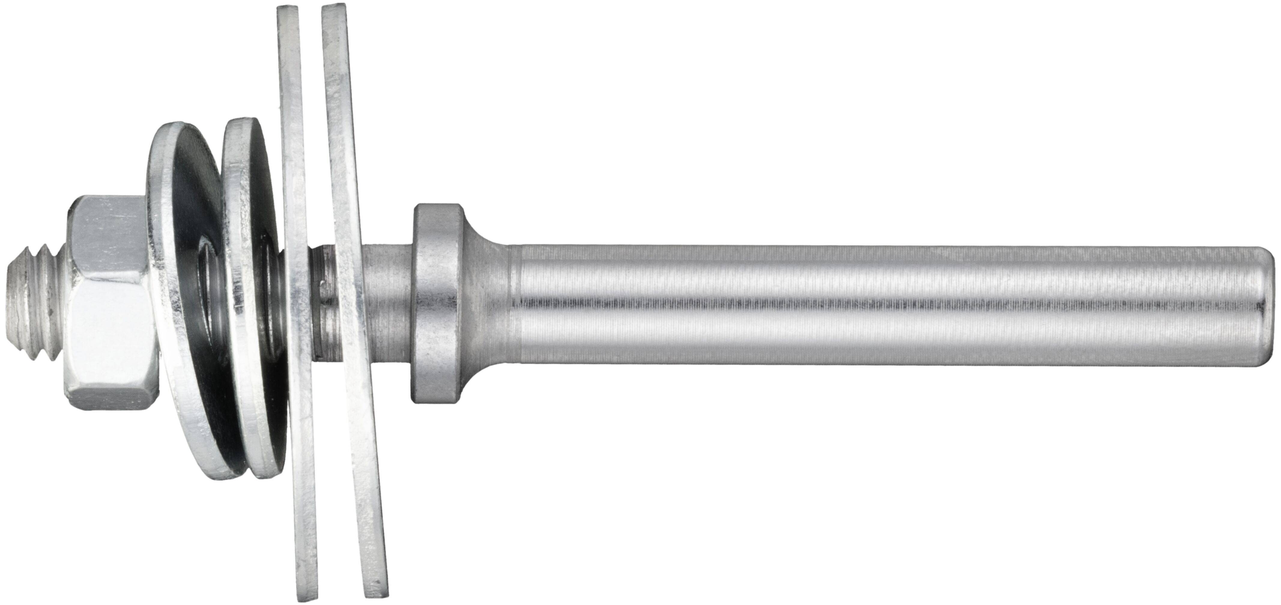 A metal fastener with a threaded rod, two washers, and a hex nut designed for secure attachments in mechanical assemblies.