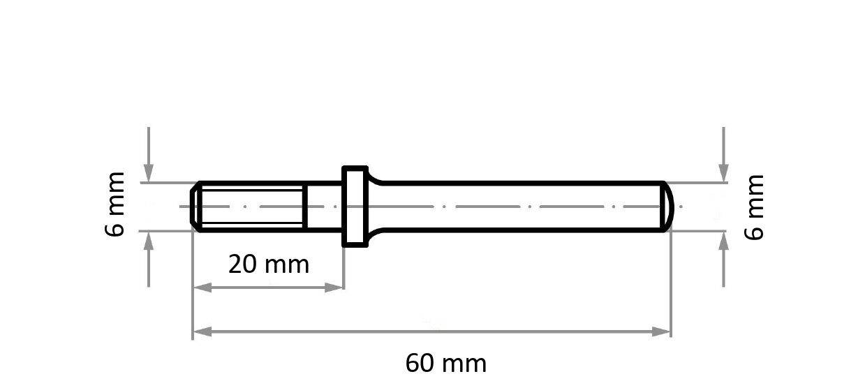 Technical drawing of a cylindrical rod, 60 mm long, with a 20 mm segment of 6 mm diameter. Includes dimensional annotations.